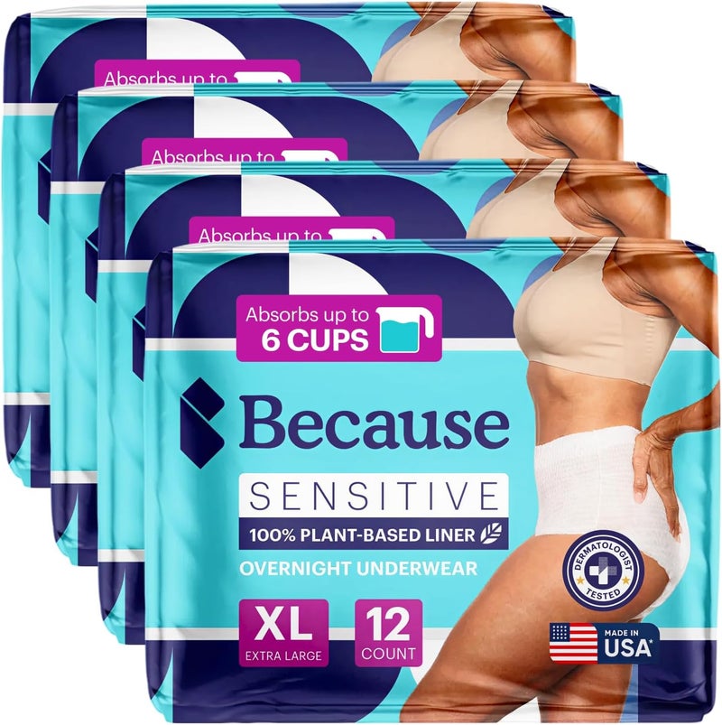 because Adult Incontinence Underwear for Sensitive Skin - Women - Premium Overnight Disposable Briefs, Anti Odor - White, X-Large - Absorbs 6 Cups - 48 Count (4 Packs of 12) - Image 2